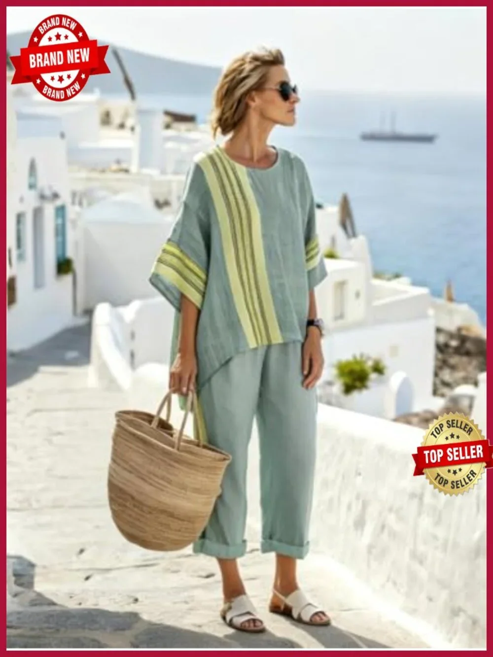 Women's Cotton 2 Piece Lounge Set Striped Wide Leg Pants